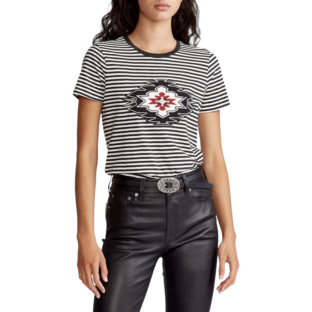 Polo RL Womens Tee Sz L Black White Stripe Beaded Native American Short Sleeve